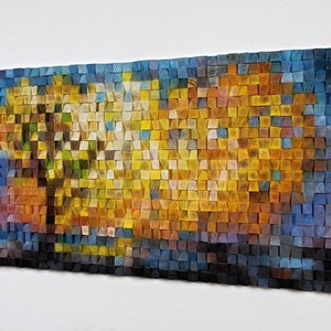 Sunset 3d wood wall art sculpture mosaic painting with tree, unique sky modern mosaic sound diffuser with yellow blue red orange black piece