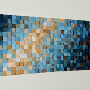 Wood wall art in blue, 3d wooden mosaic sculpture, decor modern rustic piece, sound diffuser acoustic panel , striking living room decor