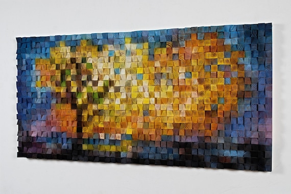 Sunset 3d Wood Wall Art Sculpture Mosaic Painting With Tree