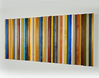 Relaxed Wood Wall Art Sculpture, Stripes Abstract 3D Wood Decoration, Modern Mid Century, Reclaimed Abstract Geometric Blue Artwork