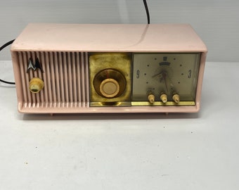 Mid-Century Motorla Clock Radio Rare Pink Color. Model 57CC, Unrestored, Good Tubes, Tested & Working