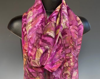 Desire, hand painted silk jacquard rectangular scarf in pinks, mauves, pale yellows and tan