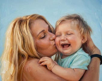 Custom Mother and Baby Oil Painting from Photo, Hand Painted Portrait, Mom and Child Gift New Mom Gift Mother's Day Gift Personalized Canvas