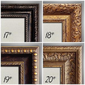 Puede incluir: Cuatro marcos de fotos ornamentados con detalles texturizados y diferentes tonos de oro y marrón. Cada marco tiene un interior de lienzo blanco con un número negro: 17#, 18#, 19# y 20#.