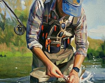 Custom Oil Painting from Photo, Hand Painted Fishing Portrait, Fly Fishing Artwork, Personalized Gift for Dad or Husband