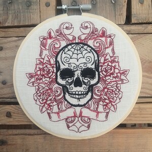 Skull embroidery on embroidery hoop, gothic decoration.