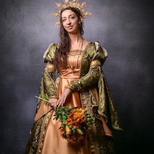 Renaissance Dress Gown - Mardi Gras, Venice Carnival, Masquerade - Sage Gold Satin Brocade, Medium/Tall