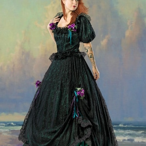 Black Lace Victorian Gown: Hunter Green Satin Steampunk Wedding Dress, Size 10