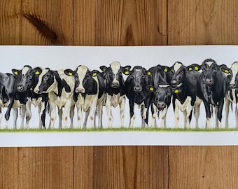 Here Come The Girls - Limited Edition Giclee Panoramic Cow Print: Animal Drawing Countryside Art Farm Farmyard Farmhouse Decor Cows Cattle