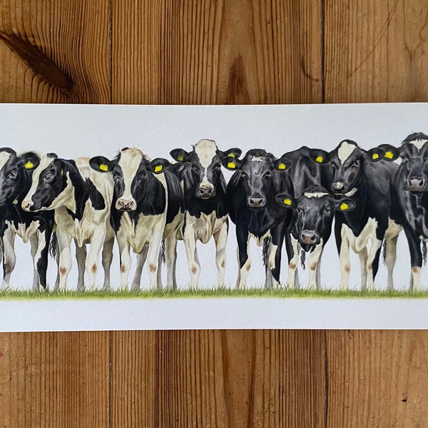 Here Come The Girls - Impression giclée panoramique de vache en édition limitée : dessin d'animal Art de la campagne Ferme Cour de ferme Décoration de ferme Vaches, bovins