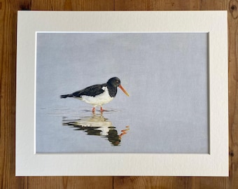 May include: A framed print of an oystercatcher bird standing in shallow water. The bird has black, white, and orange plumage. Its reflection is visible in the water. The artwork is set against a light gray background.