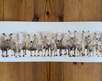 Pastures New - Limited Edition Panoramic Giclee Sheep Ewes and Lambs Print: Farmyard Farmhouse Countryside Drawing Farmer Farm Animals