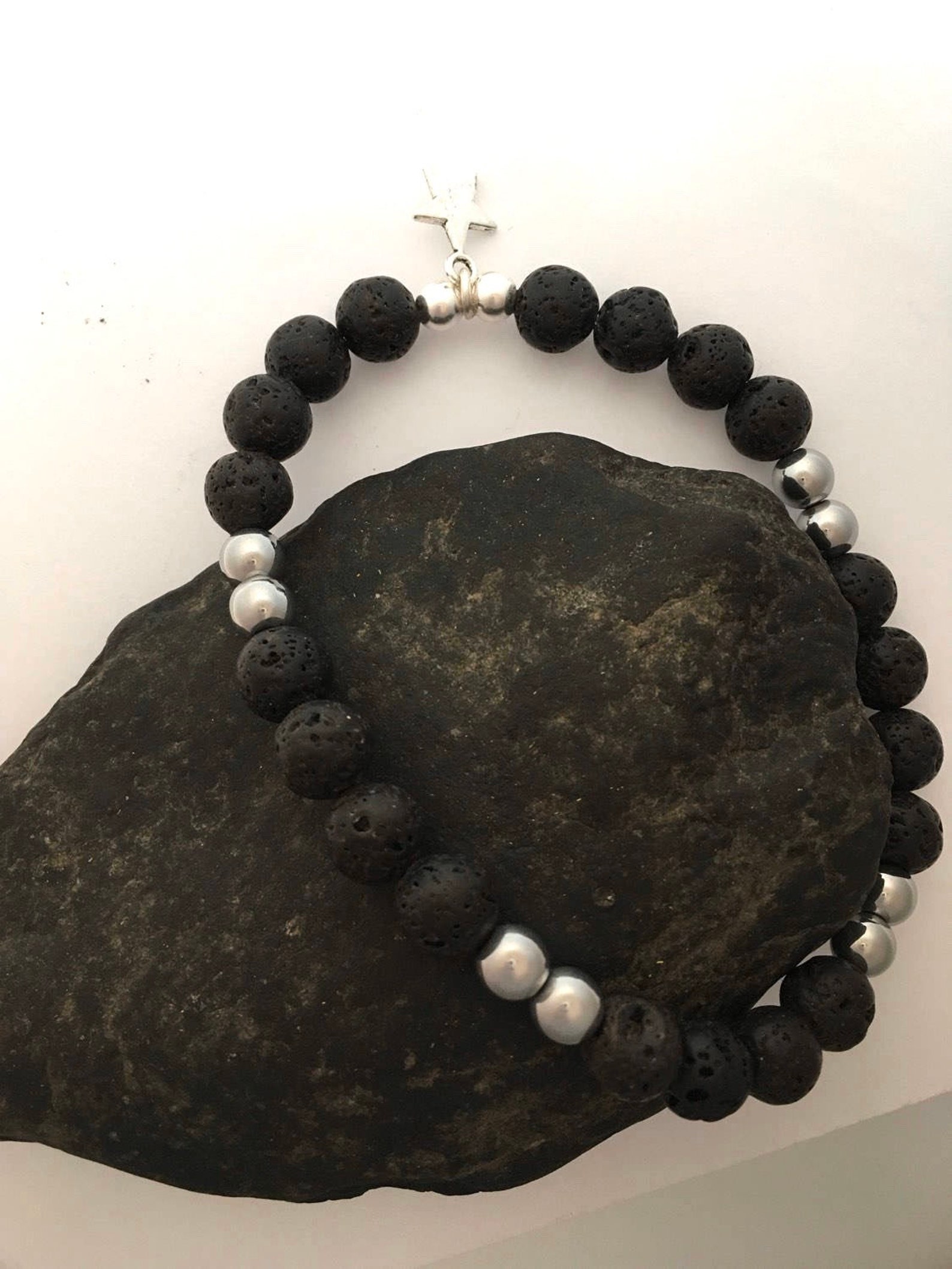 Lava Rock Mens bracelet with Hematite and Sterling Silver | Etsy