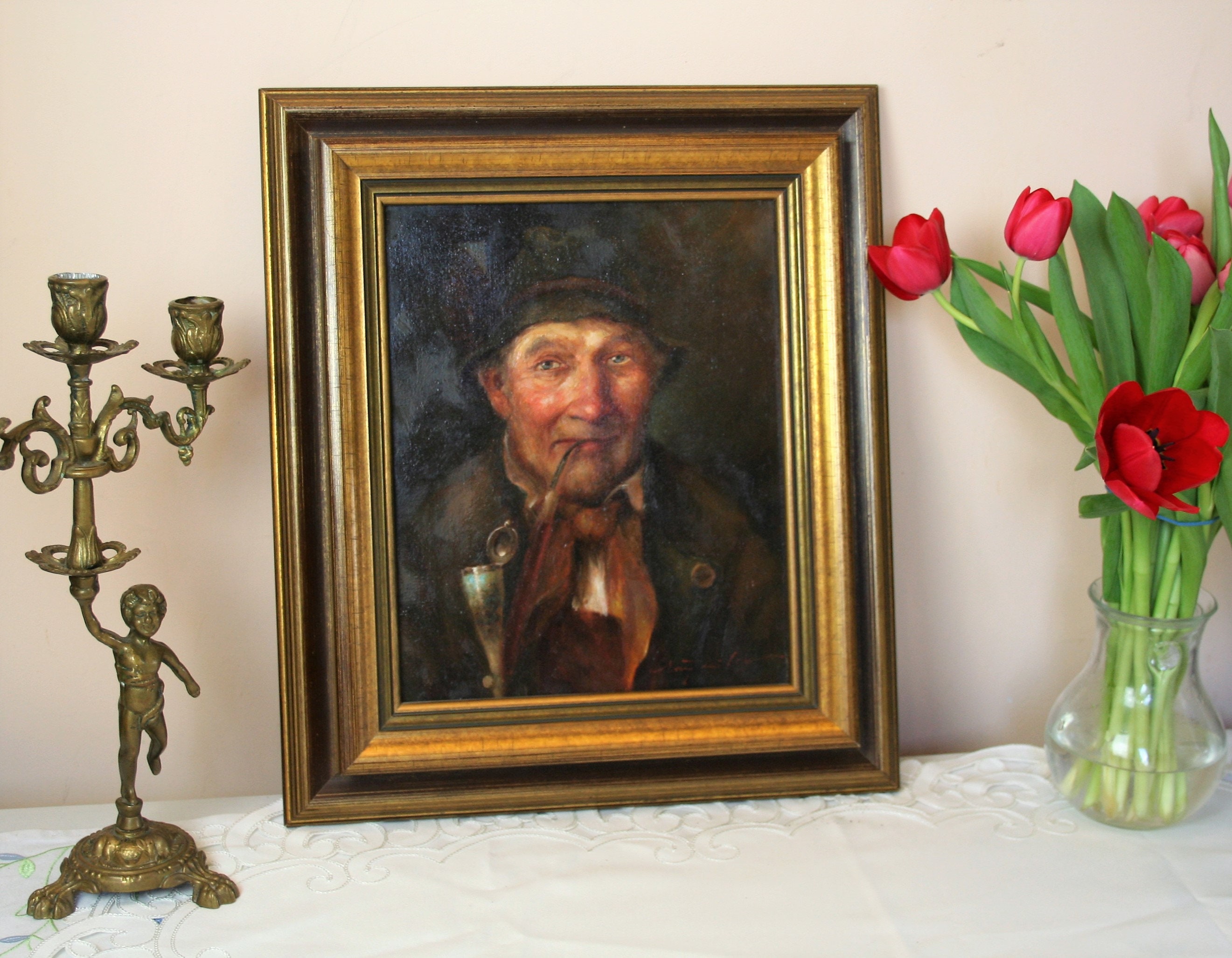 ANTIQUE OIL PAINTING BAR PIPE MAN ①と② 2点
