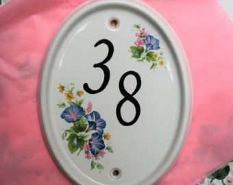 Oval Ceramic Plaque  nr. 38 with black number for exterior or entrance doors  20 x 15 cm  Ceramic