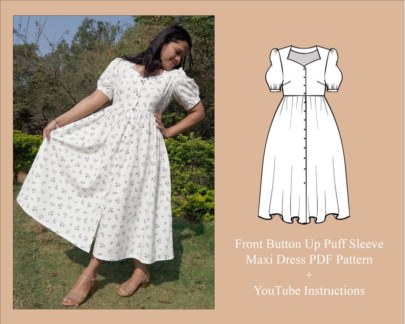 Front Button up Puff Sleeve Maxi Dress PDF Pattern Women - Etsy