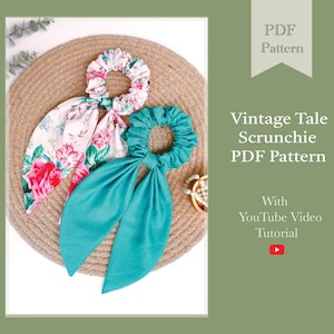 May include: Two scrunchies with fabric bows. One scrunchie is teal and the other is white with pink floral print.  The scrunchies are on a woven straw surface.  Vintage Tale Scrunchie PDF Pattern with YouTube Video Tutorial.