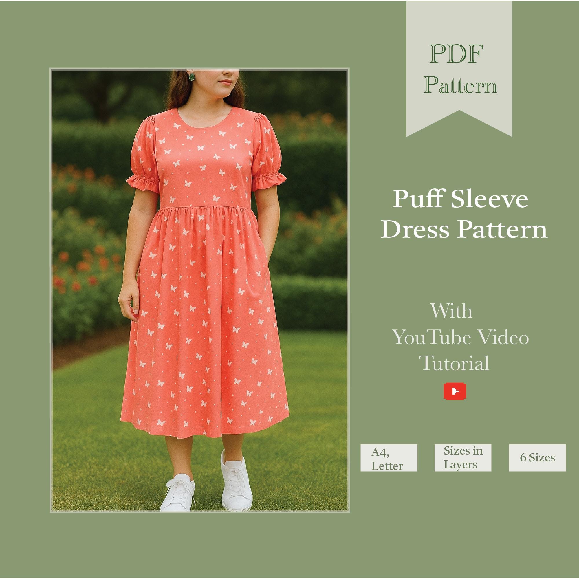 Puff Sleeve Maxi Dress PDF Pattern | Women Dress Digital Pattern | Maxi Dress Sewing Pattern | autumn sewing pattern