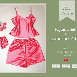 Women Pajama set PDF Pattern | Satin Pajama | Sleepwear | Nightie Pajamas | Night Wear | Free Scrunchie | Shorty pajamas | Summer pajama