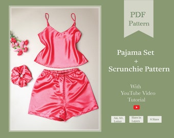 Conjunto de pijama para mujer Patrón PDF / Pijama satinado / Ropa de dormir / Pijama camisón / Ropa de noche / Scrunchie gratis / Pijama corto / Pijama de verano