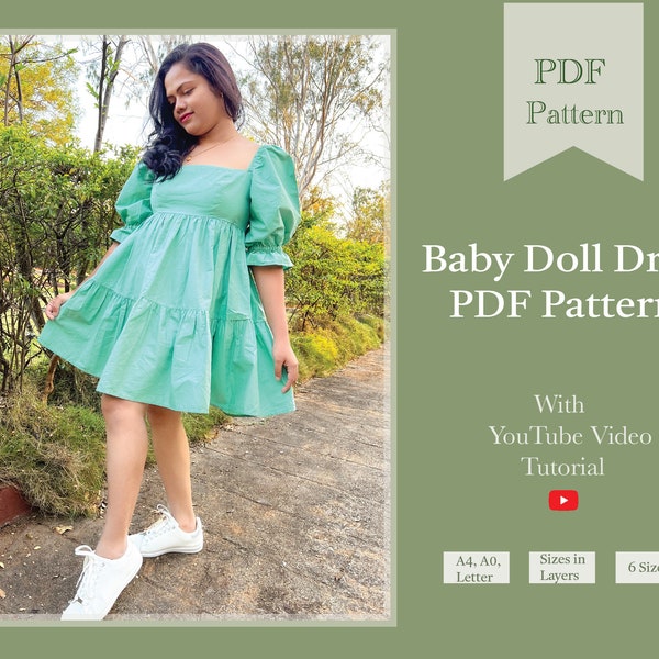 Puff Sleeve Baby Doll Dress Sewing Digital PDF Pattern | Tiered Dress PDF Pattern | Autumn dress pdf pattern | SewingPandaPatterns