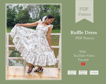 Rüschen Midi Kleid Nähen Digitales PDF Pattern | Maxi Kleid PDF Nähanleitung | Midi Kleid Schnittmuster | Schnittmuster Panda | Frühling Schnittmuster