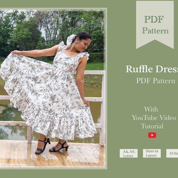 Ruffle Midi Dress Sewing Digital PDF Pattern | Maxi dress pdf pattern | Midi Dress Pattern | SewingPandaPatterns | spring sewing pattern