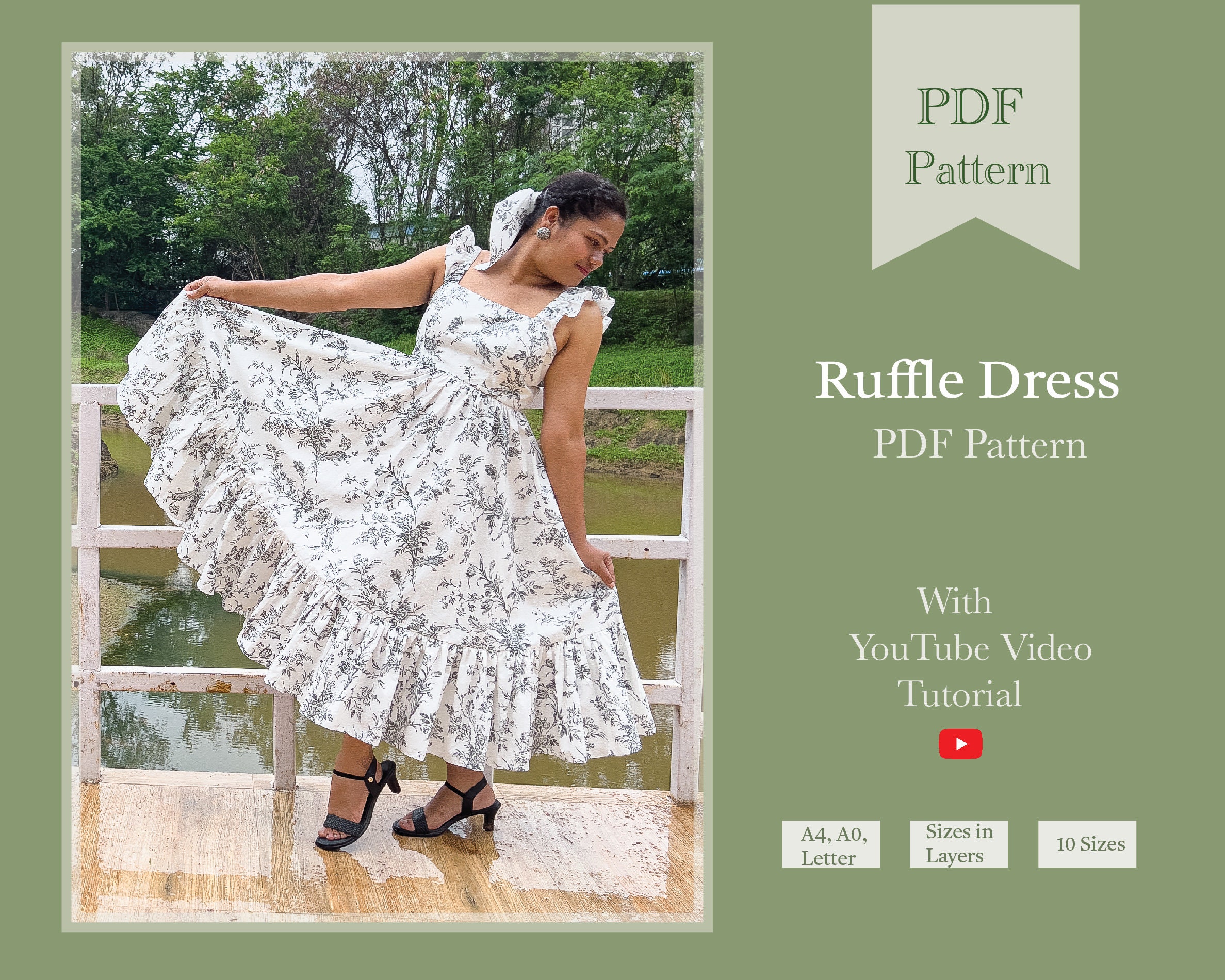 Ruffle Midi Dress Sewing Digital PDF Pattern | Maxi Dress Pdf Pattern ...
