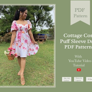 Cottage Core Puff Sleeve Dress Sewing Digital PDF Pattern | autumn dress pdf pattern | Short Maxi Dress PDF Pattern | SewingPandaPatterns