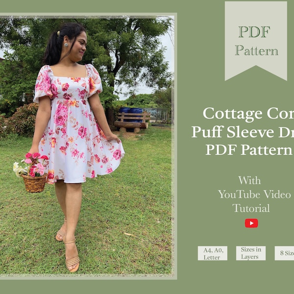 Robe Cottage Core à manches bouffantes à coudre Patron PDF numérique | modèle pdf de robe d'automne | Patron PDF de la robe longue courte | CouturePandaPatrons