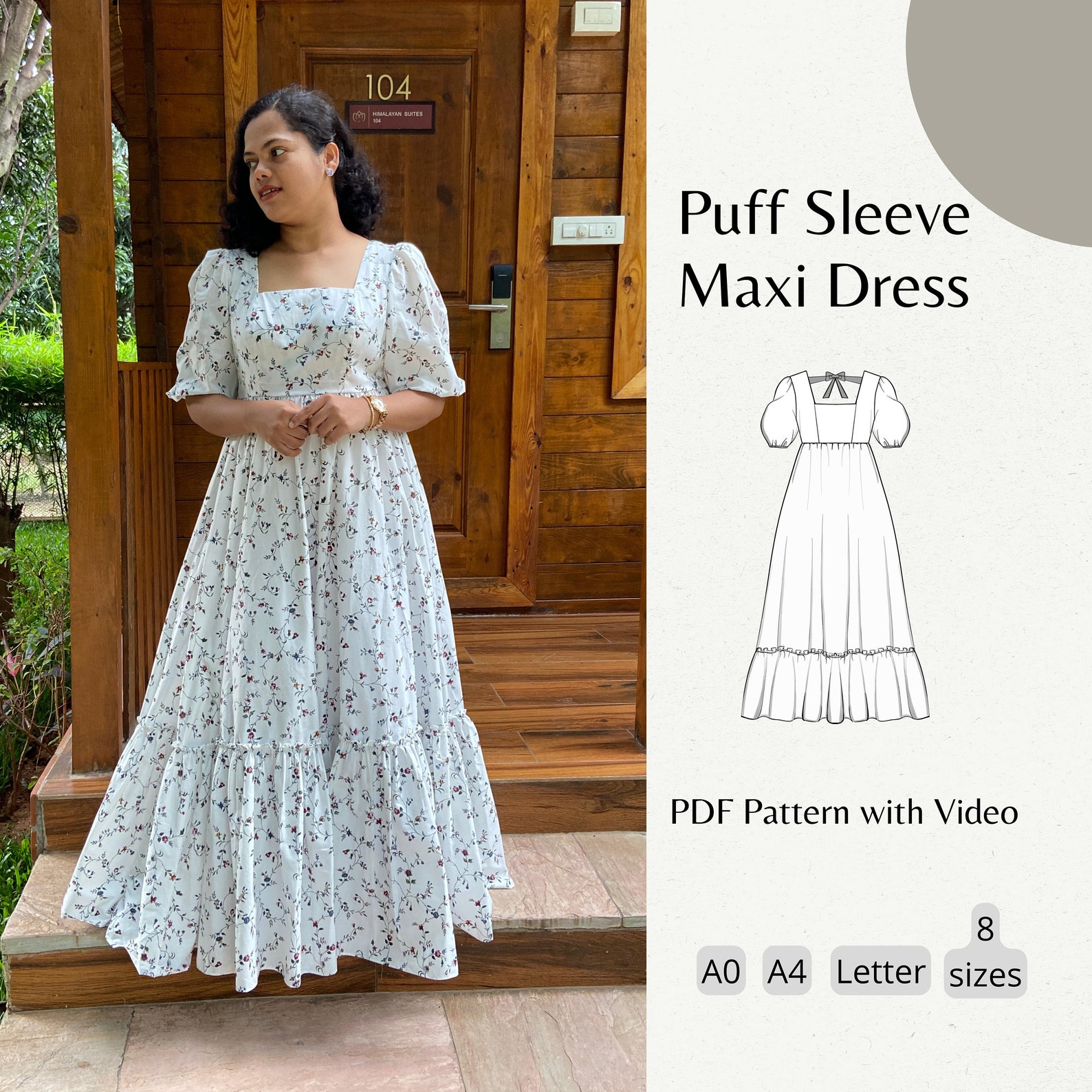 Puff Sleeve Maxi Dress Sewing PDF Pattern Cottage Dress - Etsy