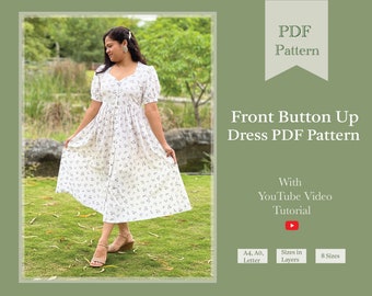 Front Button Up Puff Sleeve Maxi Dress PDF Pattern | Women Puff Sleeve Maxi Dress Digital Pattern | spring patterns