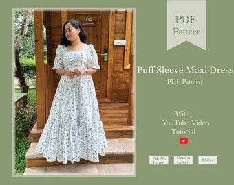 Puff Sleeve Maxi Dress Sewing PDF Pattern | bridal wear dress sewing pattern | Cottage Dress Digital Pattern | Long Gown Pattern