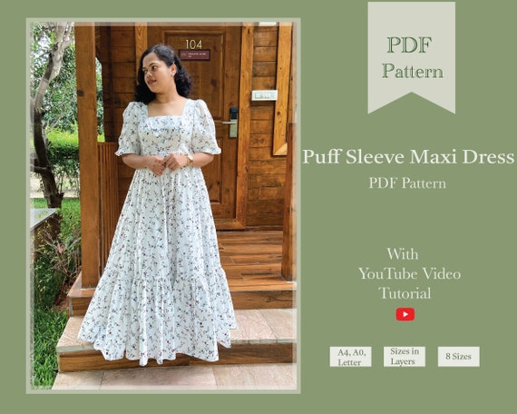 Puff Sleeve Maxi Dress Sewing PDF Pattern | Bridal Wear Dress Sewing Pattern  | Cottage Dress Digital Pattern | Long Gown Pattern - Etsy