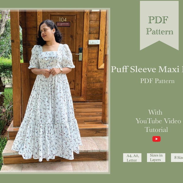 PDF Nähanleitung Maxikleid mit Puffärmeln | Brautkleid Schnittmuster | Cottage Kleid Digital Muster | Langes Kleid Muster