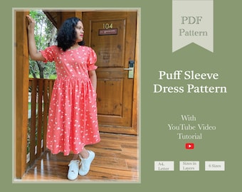 Puff Sleeve Maxi Dress PDF Pattern | Women Dress Digital Pattern | Maxi Dress Sewing Pattern | autumn sewing pattern