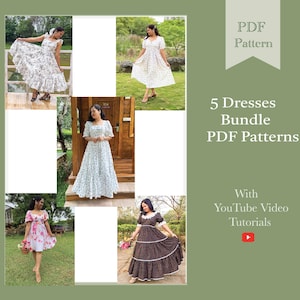 Puede incluir: Un collage de cinco patrones de vestidos diferentes, cada uno con una mujer usando un estilo de vestido diferente. Los vestidos son todos florales o estampados y tienen una estética vintage. El texto "5 Dresses Bundle PDF Patterns" y "With YouTube Video Tutorials" se muestra sobre un fondo verde.
