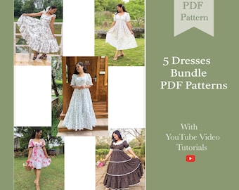 Discounted Bundle of 5 Dresses Sewing PDF Patterns | Puff Sleeve Maxi Dress Sewing PDF patterns | Sewing Digital Patterns