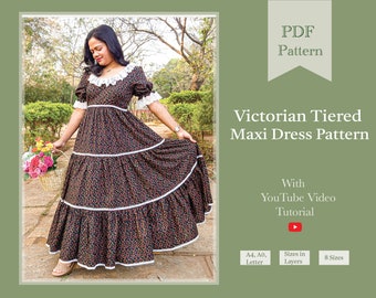 Victorian Tiered Maxi Dress Sewing Digital PDF Pattern | Cottage Dress Printable Pattern | Vintage Maxi Dress PDF Pattern