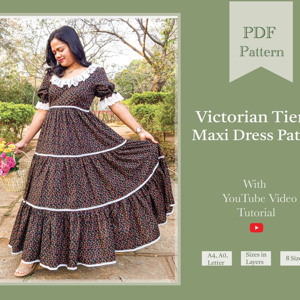 Victorian Tiered Maxi Dress Sewing Digital PDF Pattern | Cottage Dress Printable Pattern | Vintage Maxi Dress PDF Pattern