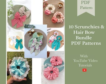 Discounted Bundle of 10 Scrunchies & Hair Bow Sewing PDF Patterns | Scrunchies, Hair Bows, Hair Clips | Scrunchie Sewing PDF Pattern