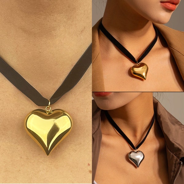 Ras de cou avec pendentif cœur en 3D. Collection cœur sensible en acier inoxydable. Collier acier avec un gros cœur. Collier gothique rock.