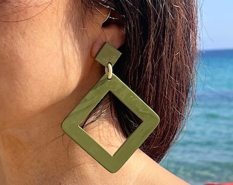 Oversized olive green earring. Khaki lacquered horn earrings. Large khaki earrings. Christmas gift idea
