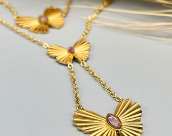 Collar multifila de oro con mariposas. Colgante de oro en acero inoxidable con mariposas. Collar de oro con mariposas de acero.