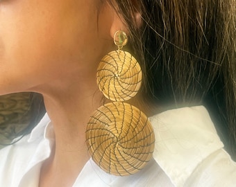 Oversized gold earrings. Large plant earrings in capim dourado from Brazil. Long original earrings