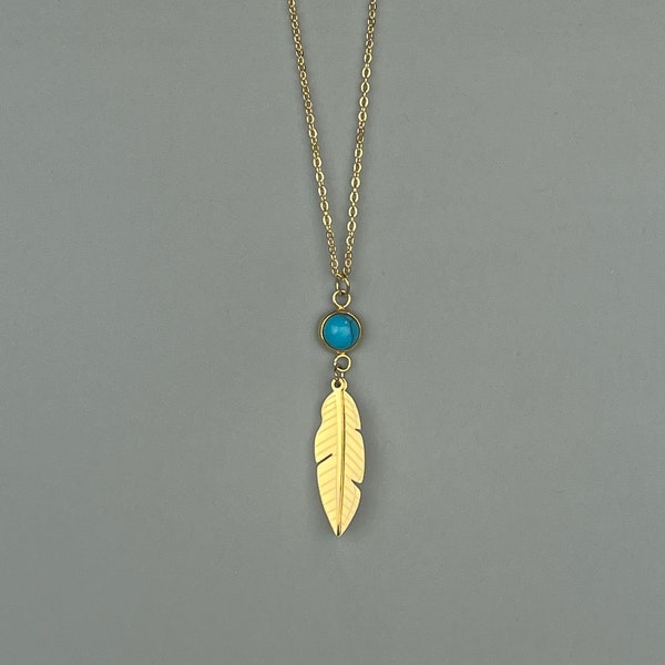 Collier or ajustable en acier inoxydable et son pendentif plume avec une pierre turquoise. Pendentif minimaliste or. Cadeau pour elle.
