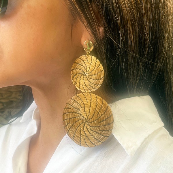 Oversized gold earrings. Large plant earrings in capim dourado from Brazil. Long original earrings