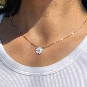 Peut inclure: Un collier délicat en chaîne dorée avec un pendentif en forme de fleur blanche. La fleur est en nacre et a un éclat subtil.