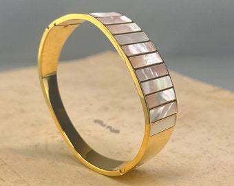 Stainless steel cuff. Gold and mother-of-pearl cuff. Gold-tone statement bracelet with mother-of-pearl inlay. Vintage cuff.