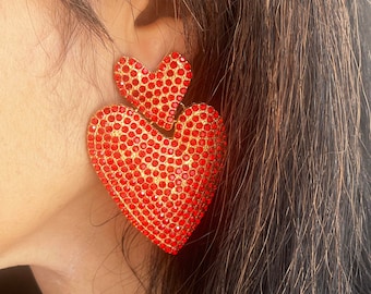 Large heart shaped earrings. Colorful fancy earrings. Oversized heart earrings.